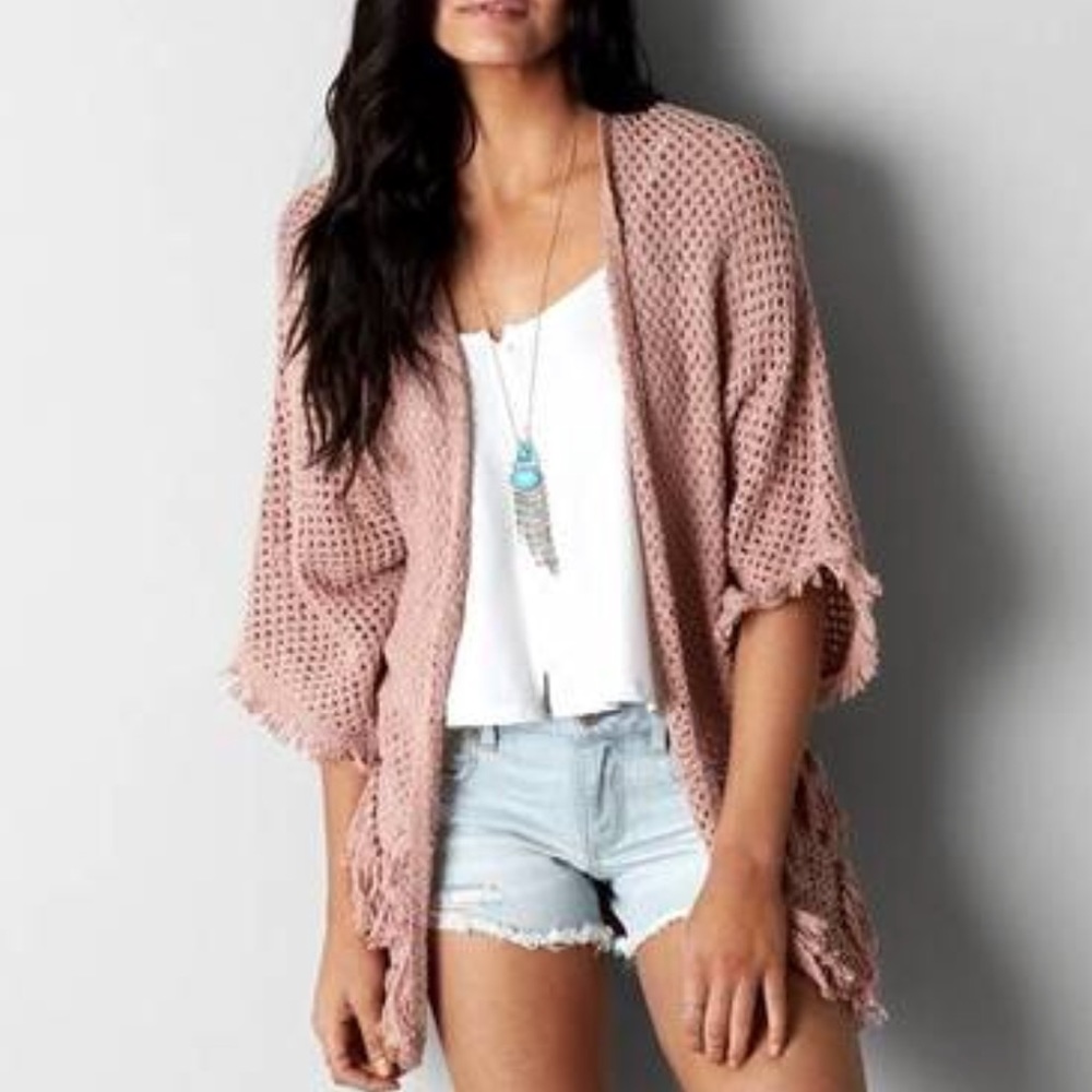AEO Fringe Knit Open Sweater, Pink